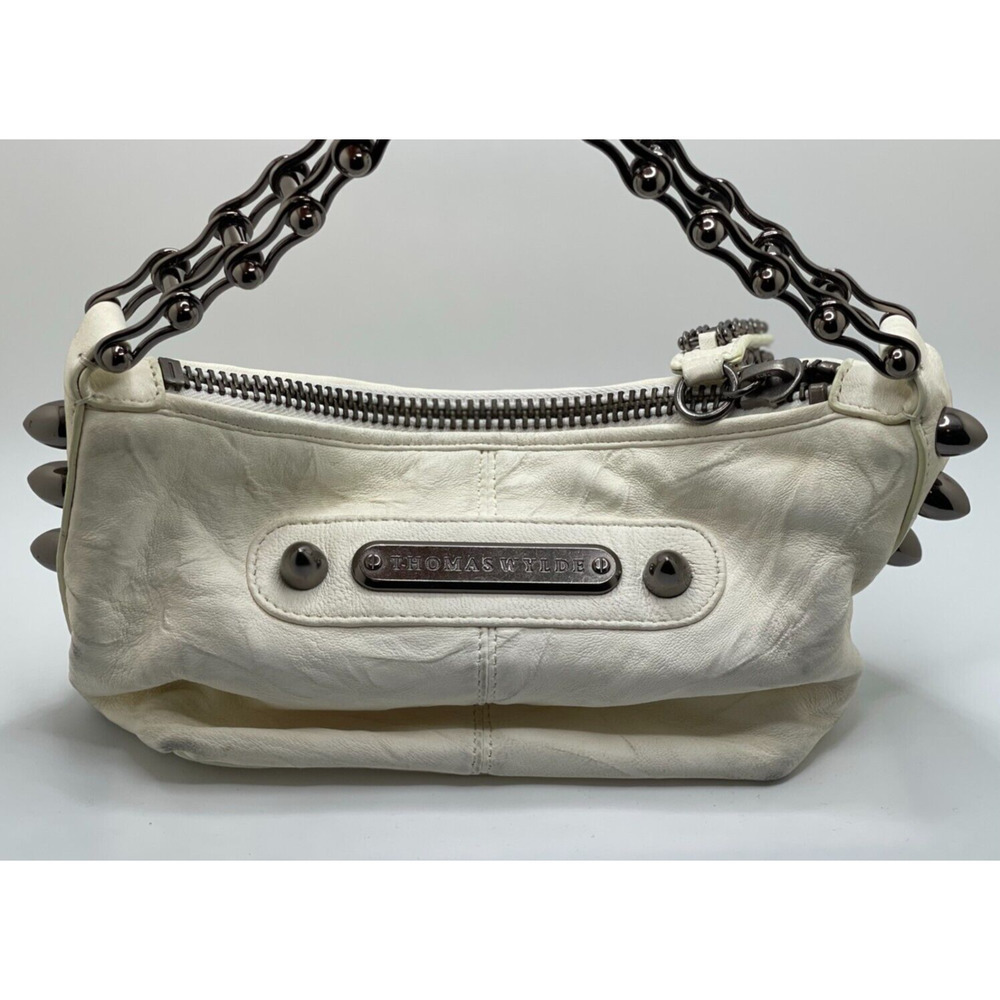 Thomas Wylde White Leather Mini Shoulder Bag with Gunmetal Chain